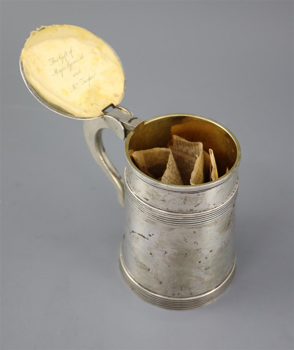 An early 19th century Anglo-Indian silver tankard, (inscription inside)